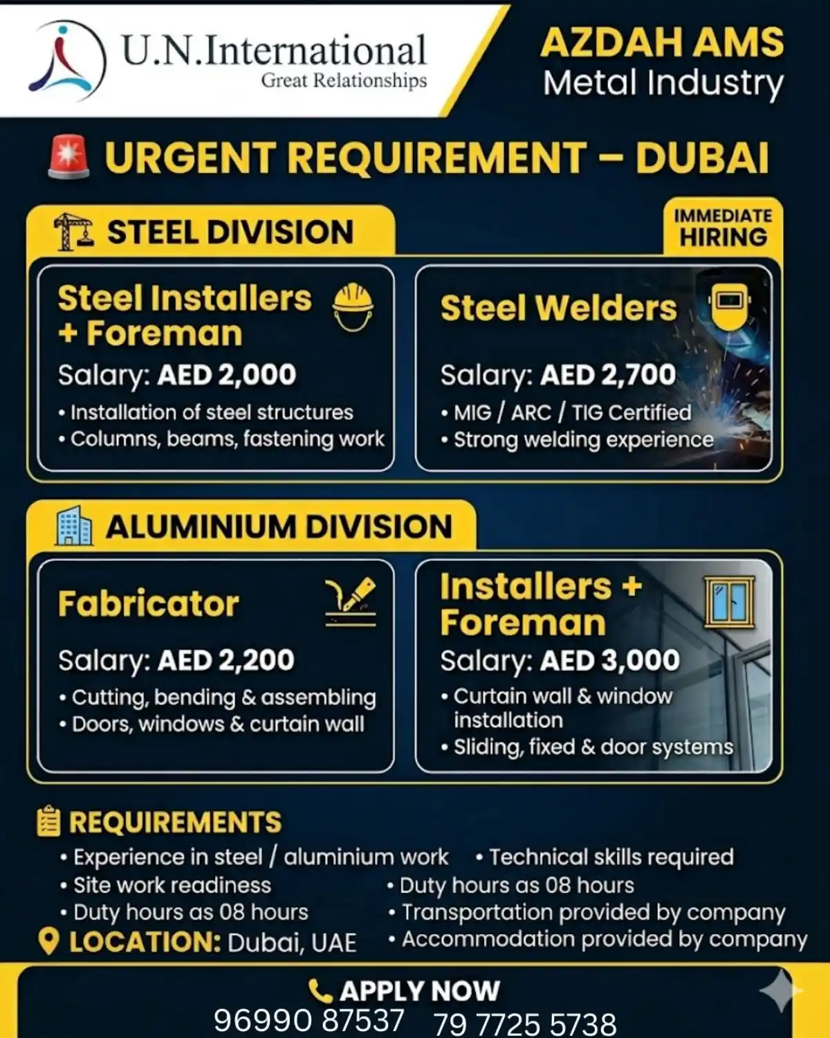 Steel & Aluminium Jobs in Dubai