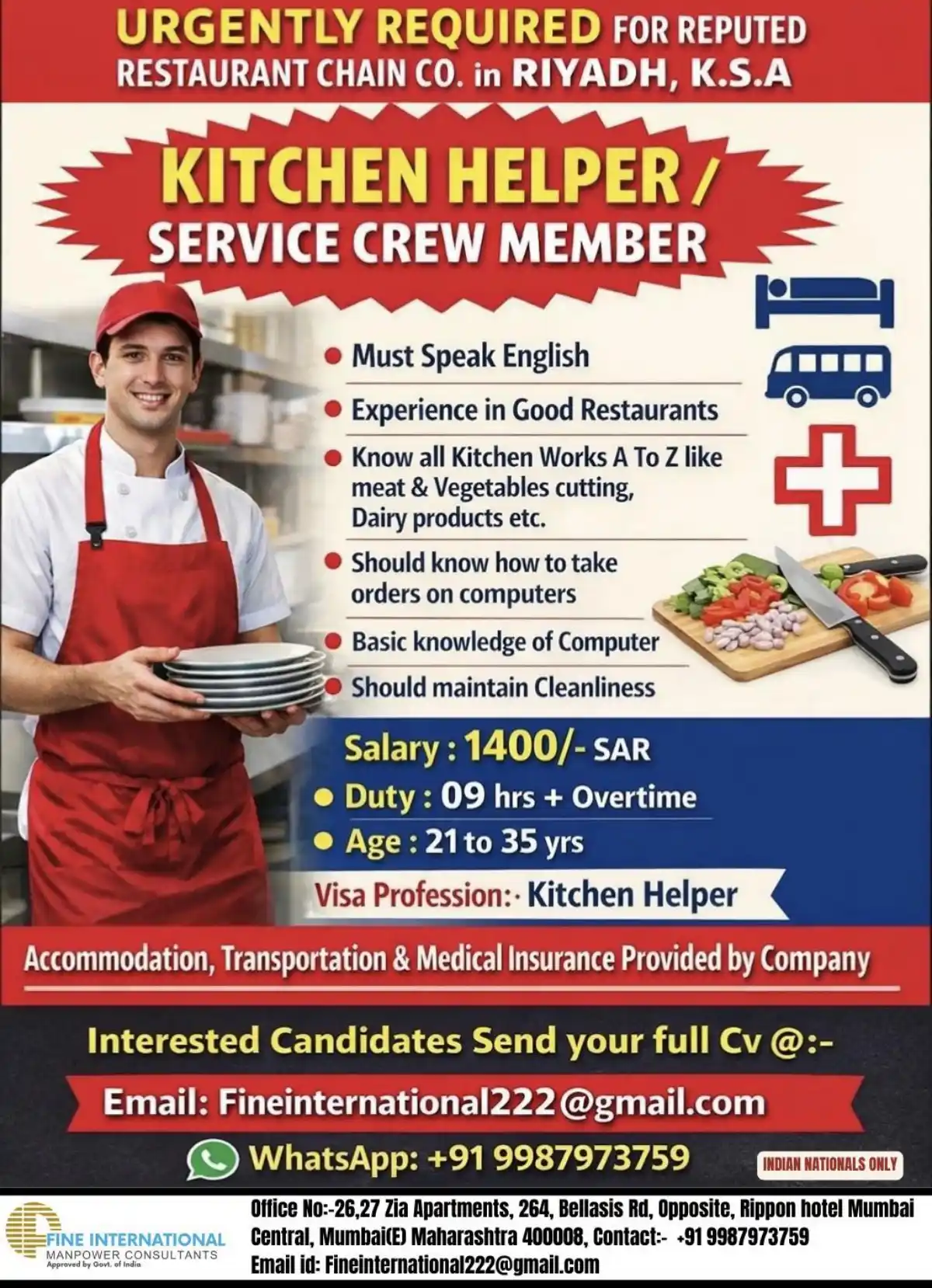 Kitchen Helper Job in Riyadh – 1400 SAR + Benefits