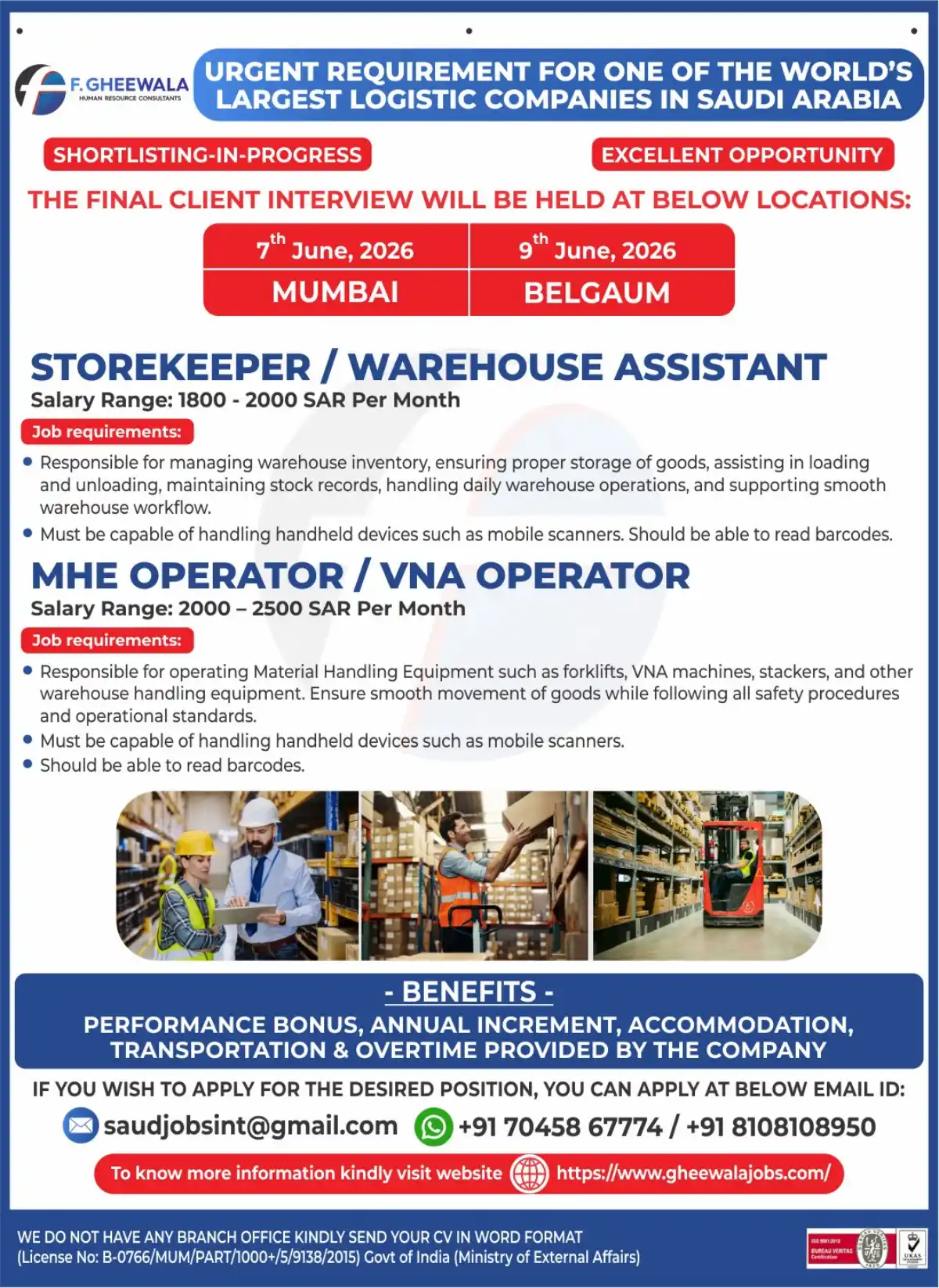 Storekeeper & MHE Operator Jobs – Saudi Arabia