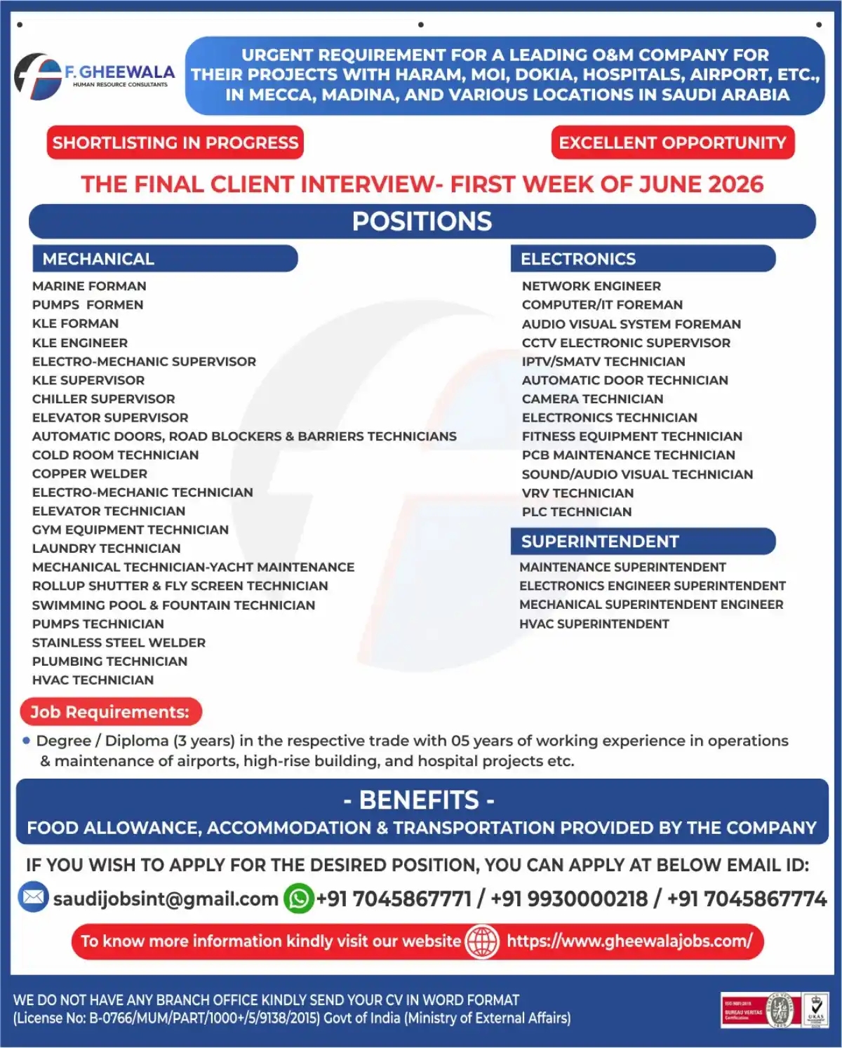 Urgent O&M Jobs – F. Gheewala Saudi Arabia