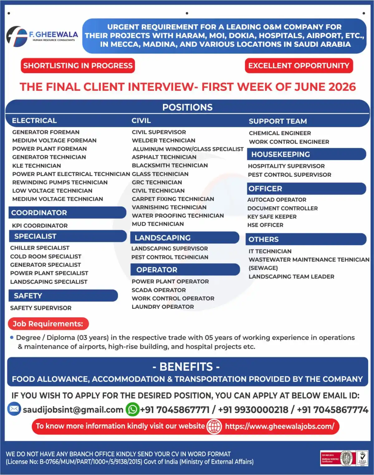 F. Gheewala Hiring O&M Saudi Arabia (June 2026)