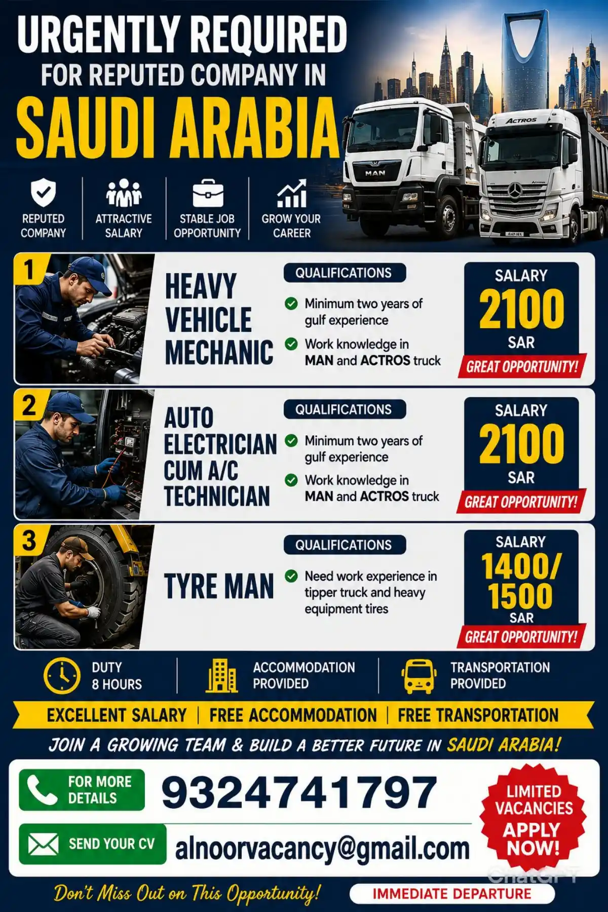Urgent: Mechanic & Tyre Man Jobs Saudi Arabia