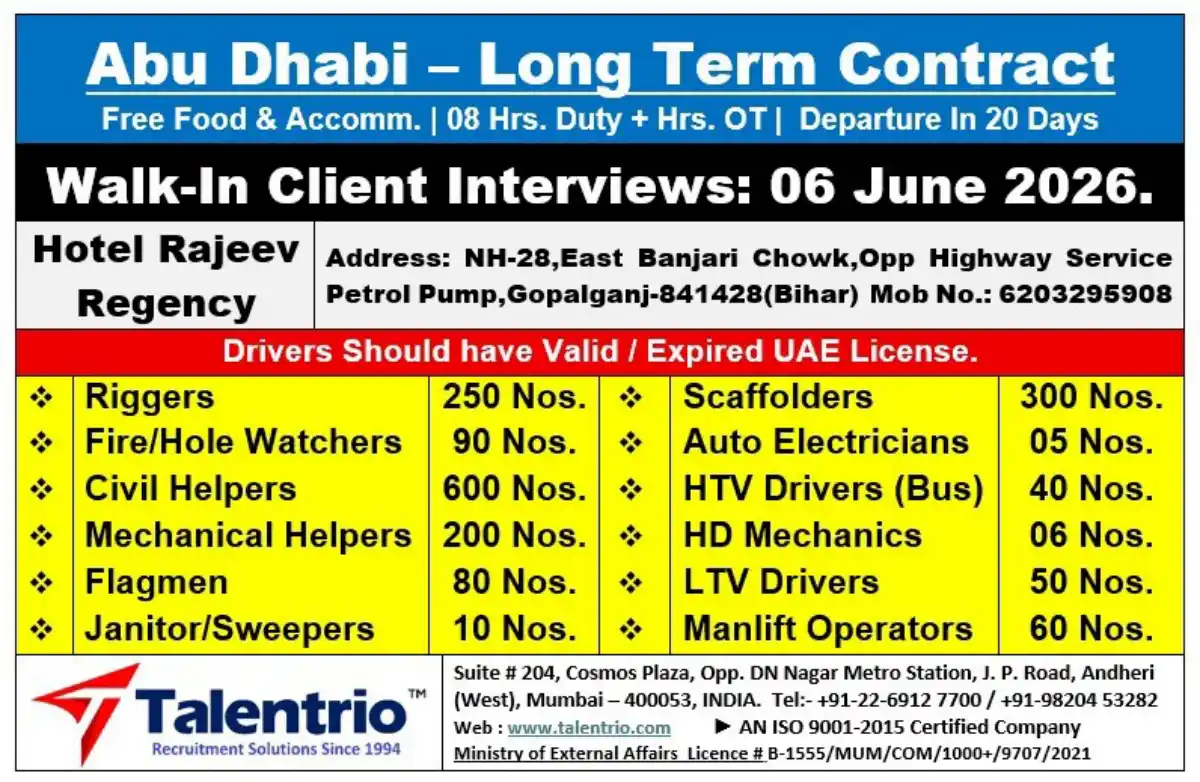 Abu Dhabi Jobs: Walk-In 06 June 2026