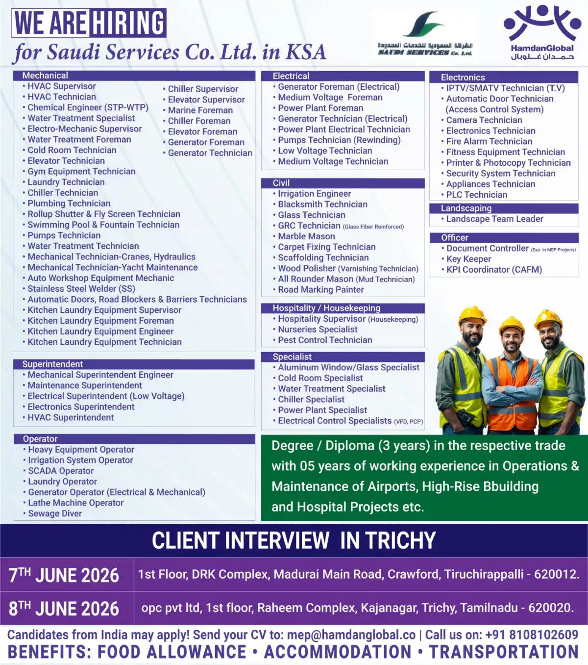 Multiple Openings at Saudi Services Co. Ltd.