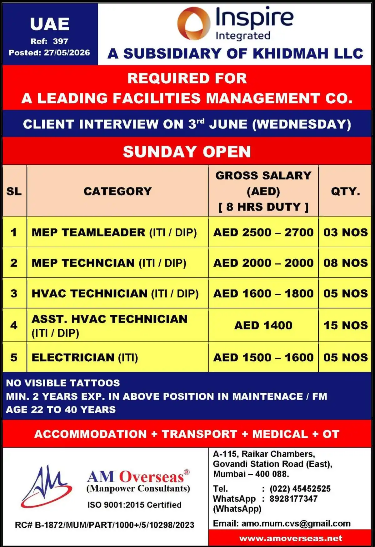 UAE FM Jobs – MEP & HVAC