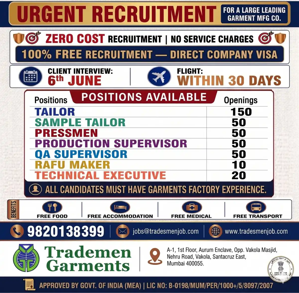 Garment Mfg Jobs – Free Visa