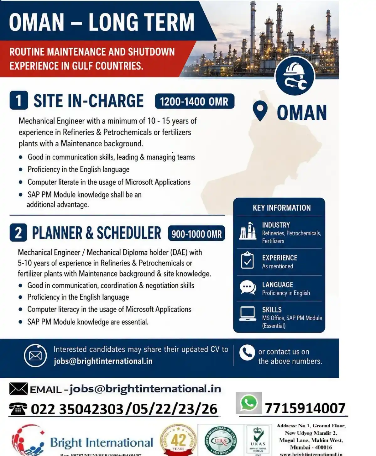 Oman Maintenance Jobs – Site In-Charge & Planner