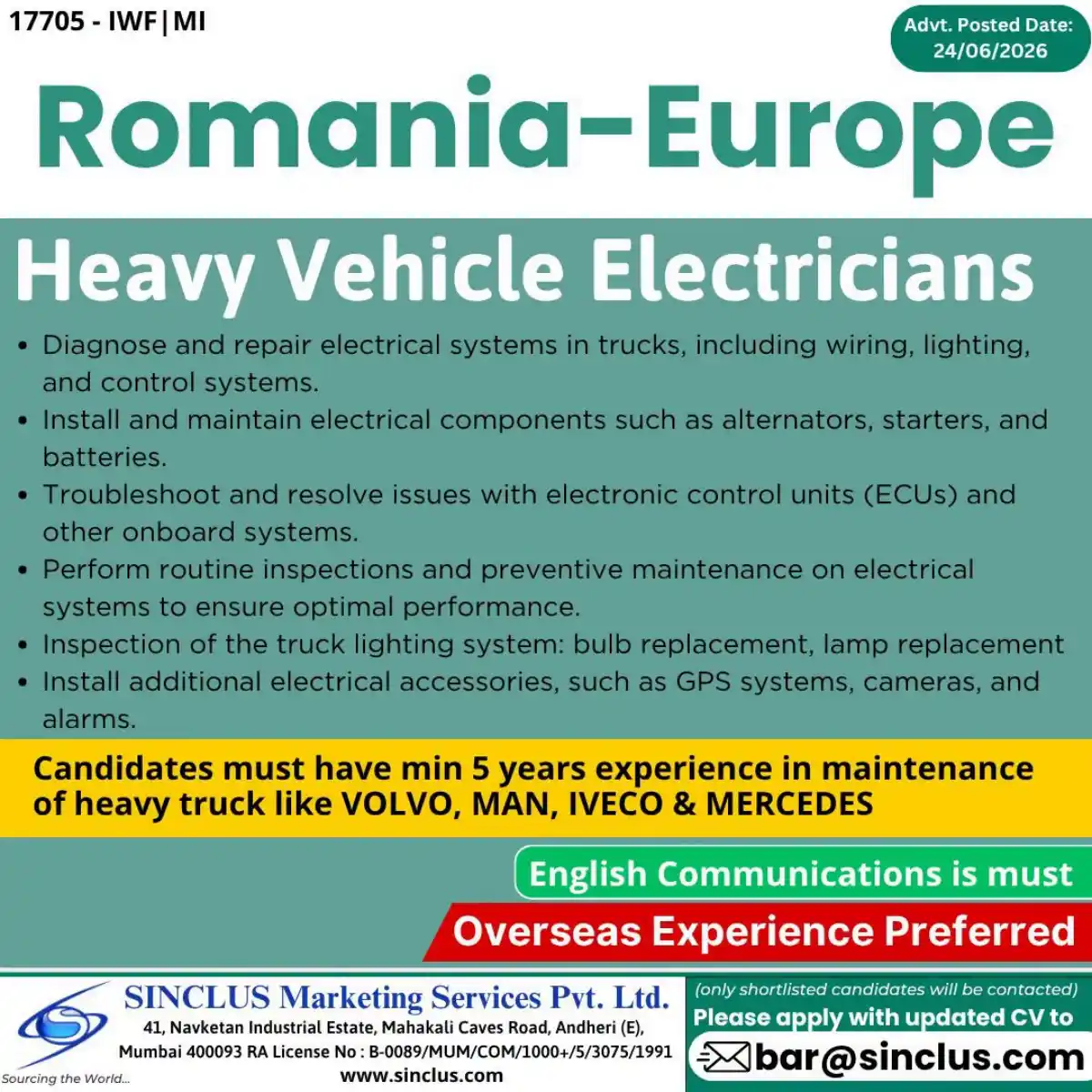 Heavy Vehicle Electrician – Romania