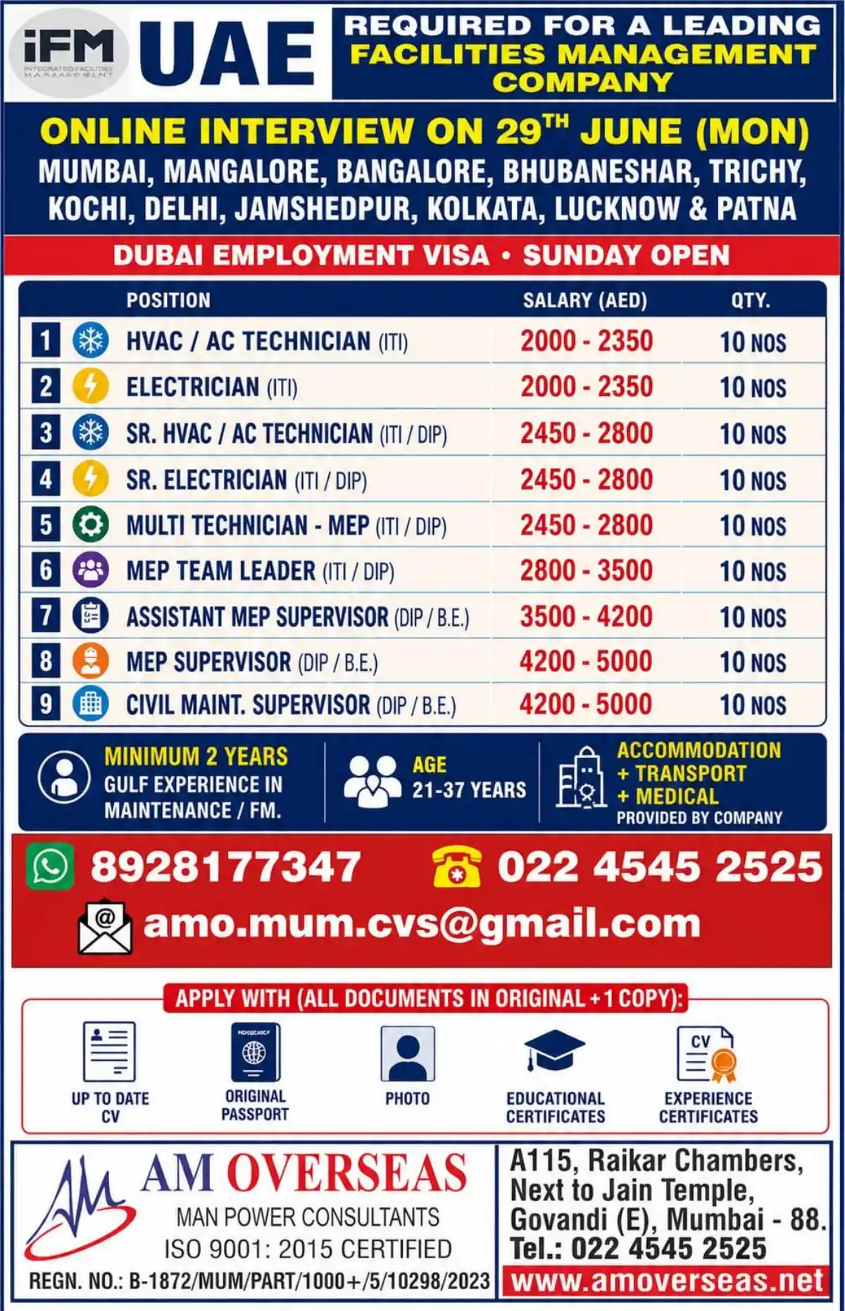 Dubai FM Jobs – Online Interview 29th June