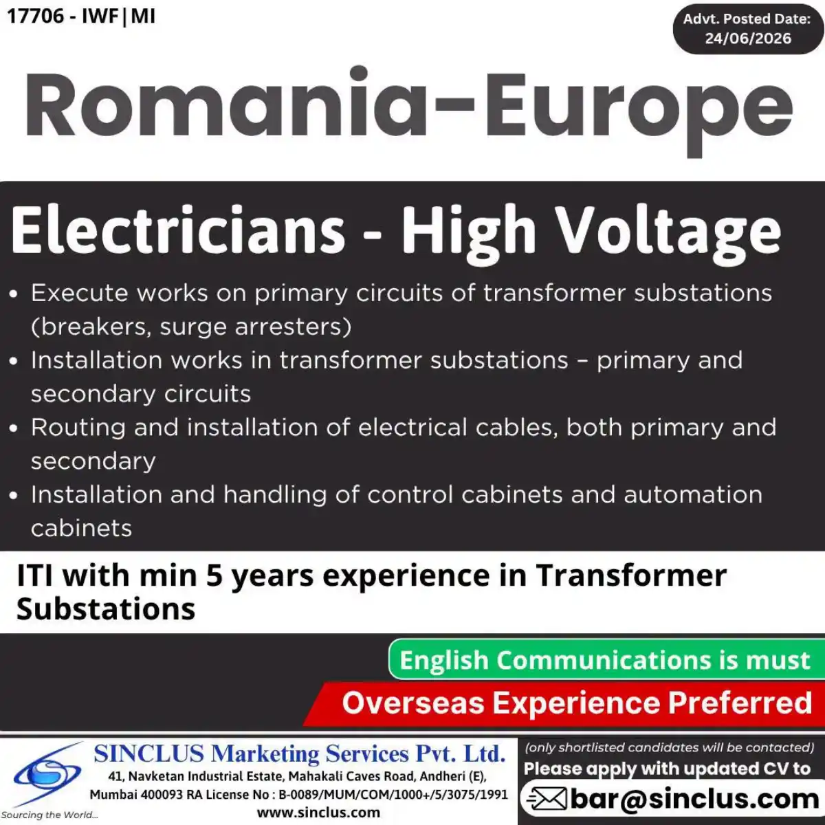 High Voltage Electrician – Romania