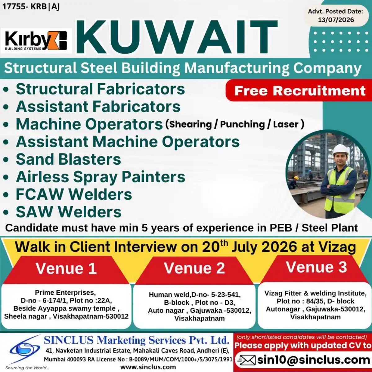 Structural Steel Jobs Kuwait – Walk-in Vizag