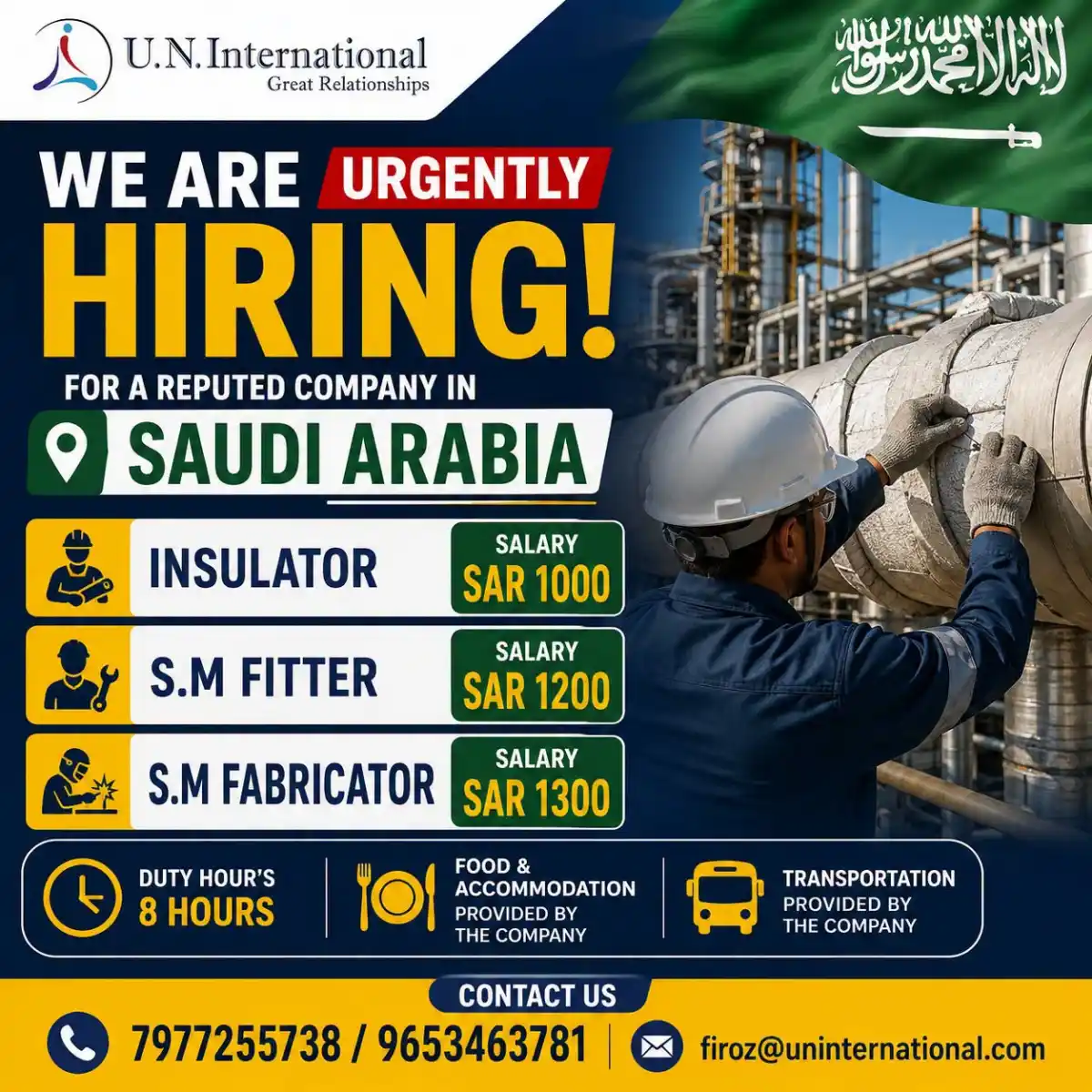Urgent Hiring: Insulator, Fitter & Fabricator in Saudi Arabia