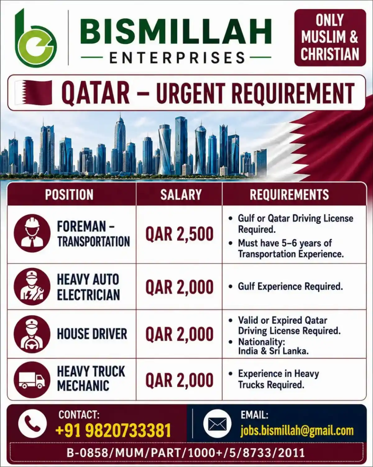 Urgent Qatar Transportation Jobs