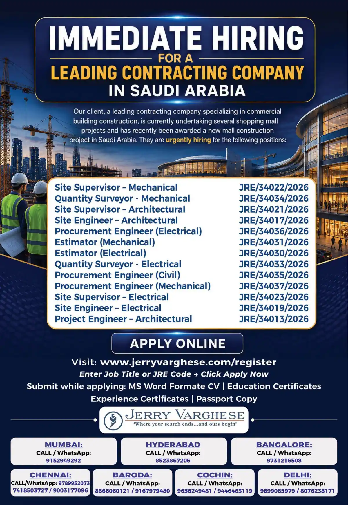 Contracting Company Jobs Saudi Arabia – Immediate Hire