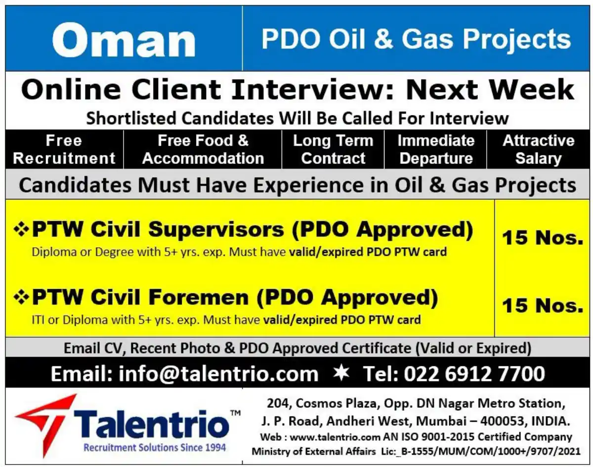 PTW Civil Supervisor & Foreman – Oman