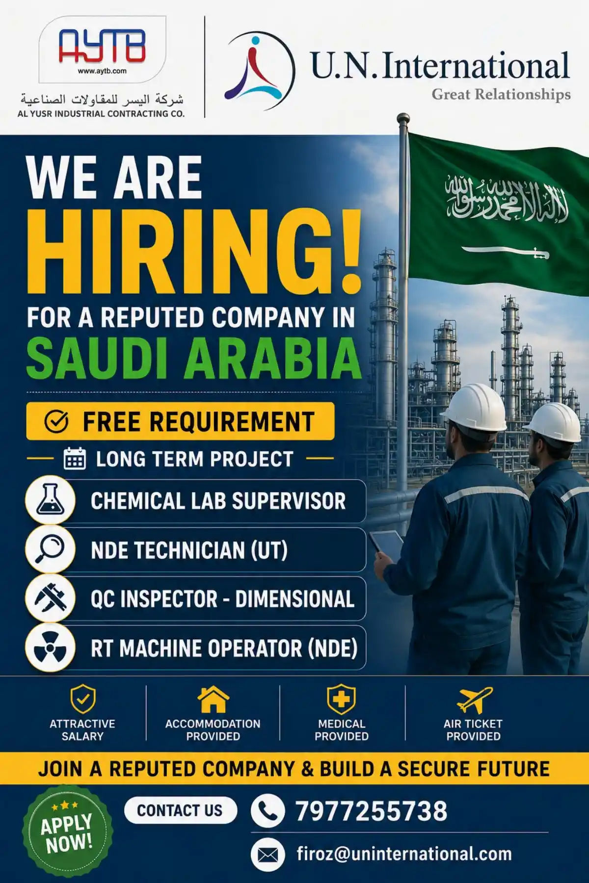Hiring: Chemical Lab Supervisor & NDE Technicians – Saudi Arabia