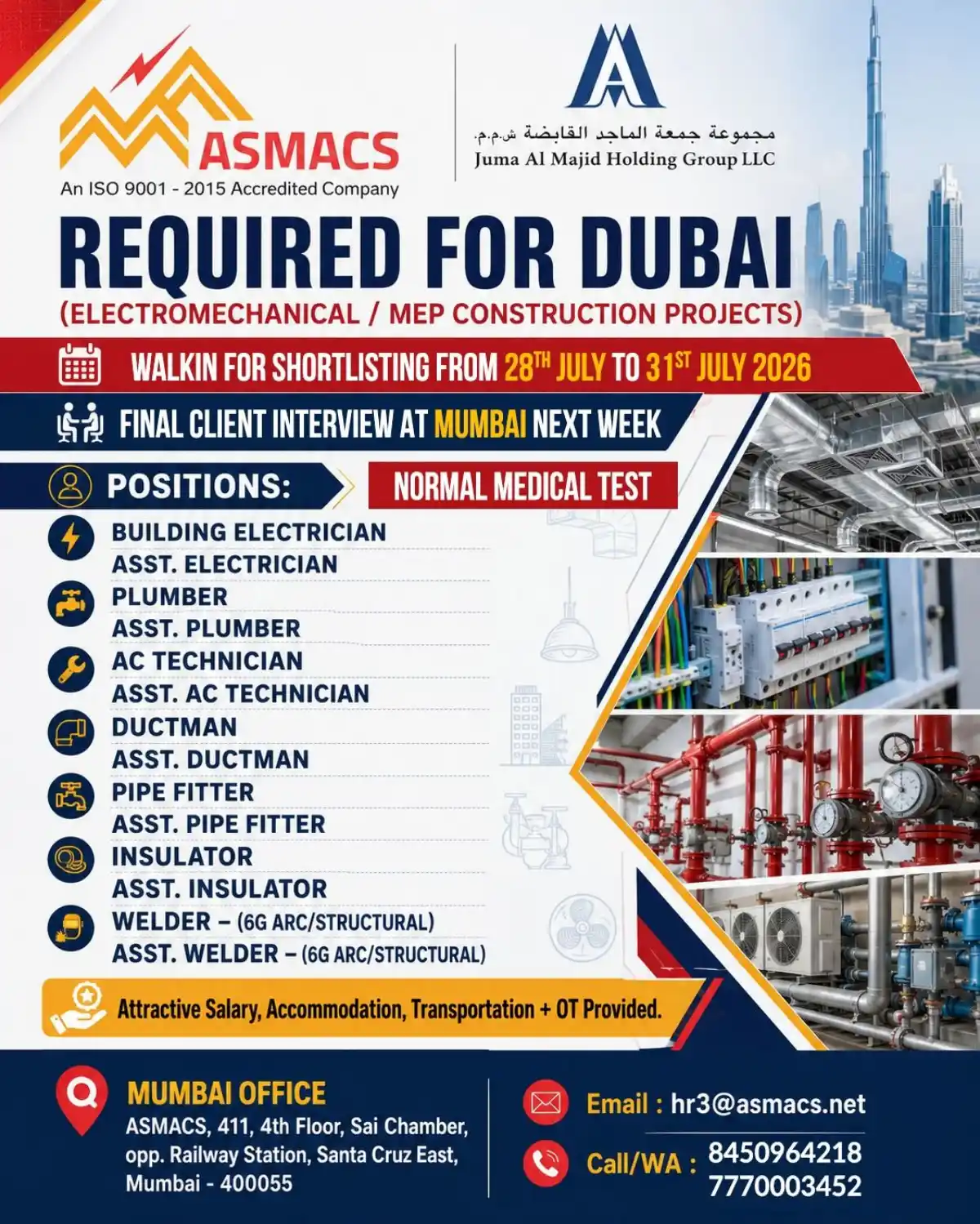 Dubai MEP Construction Jobs – Walk-in July 2026