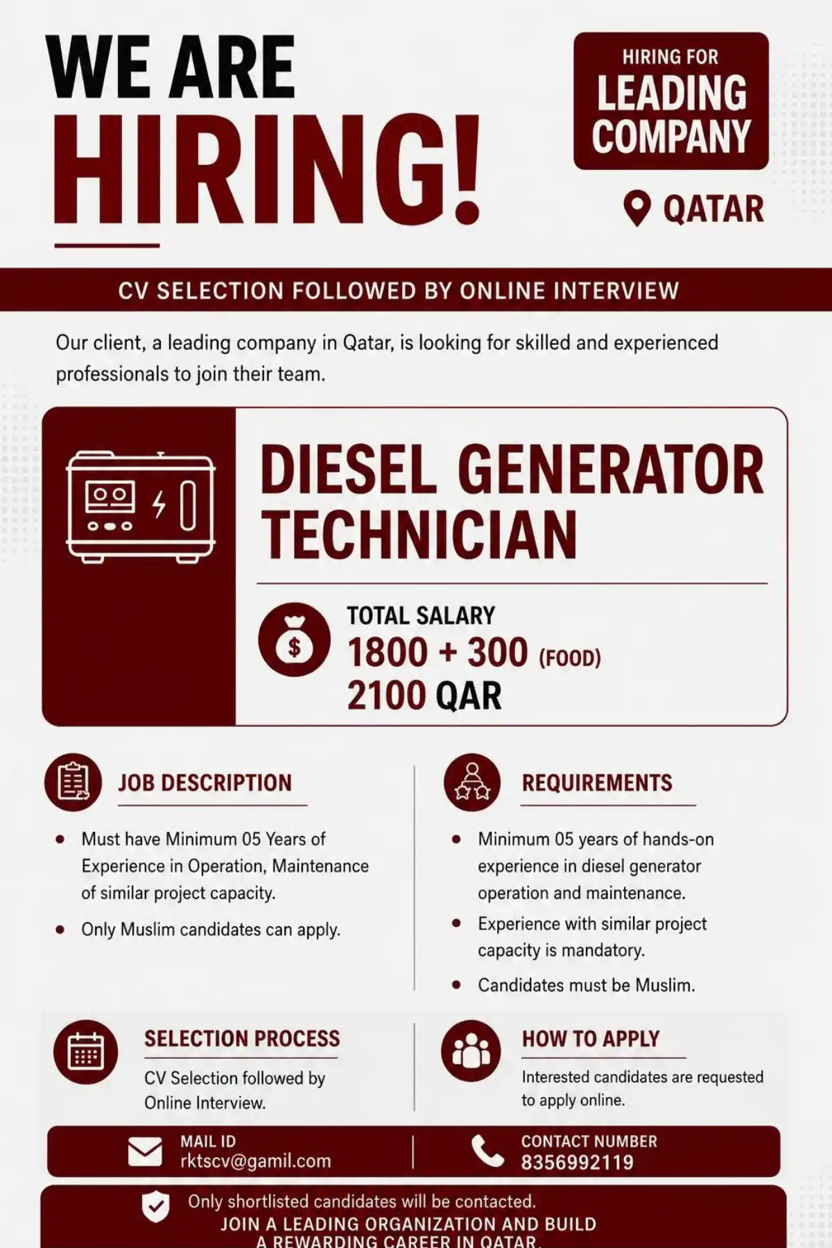 Diesel Generator Technician – Qatar
