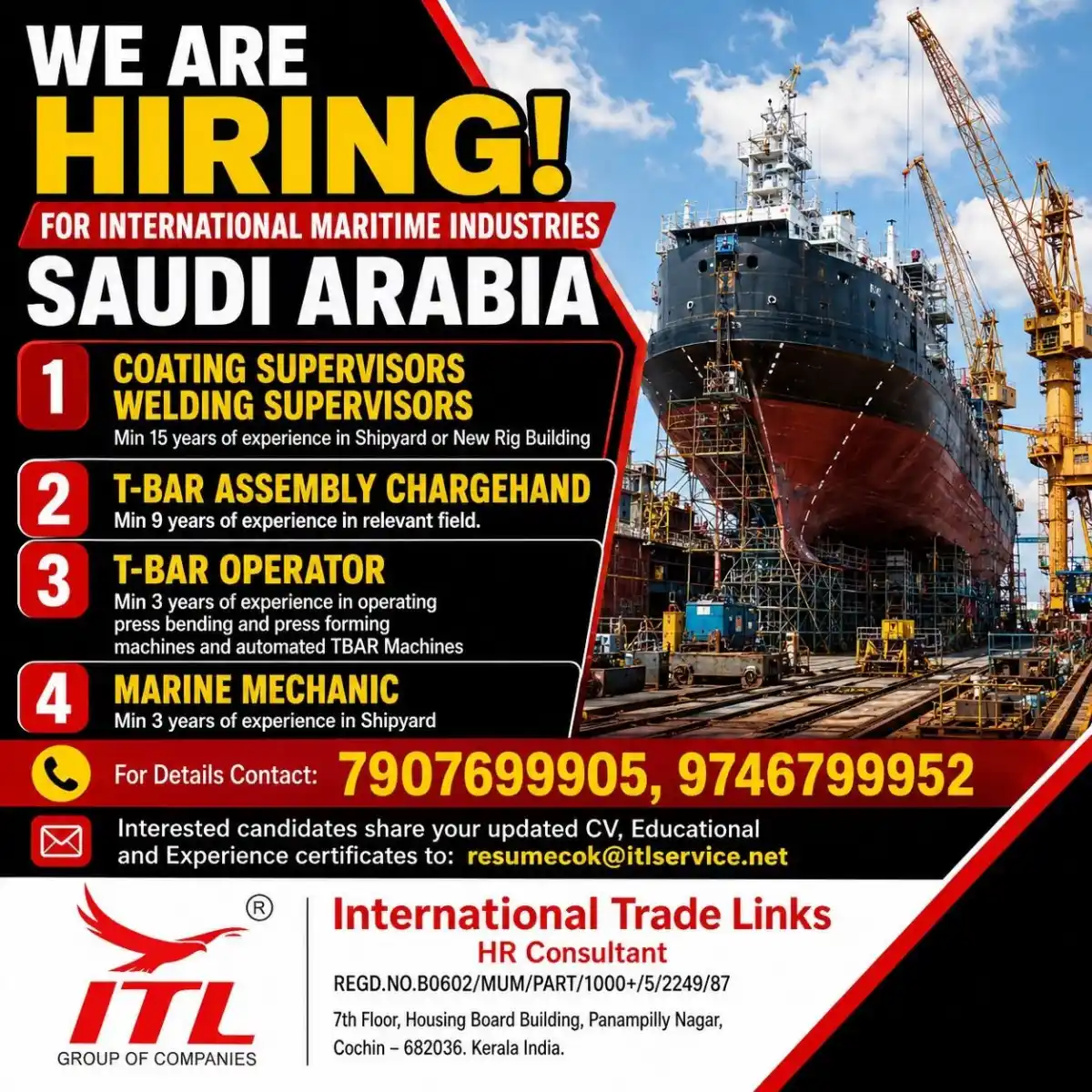 Coating & Welding Supervisors, T-Bar, Marine Mechanic – Saudi Arabia