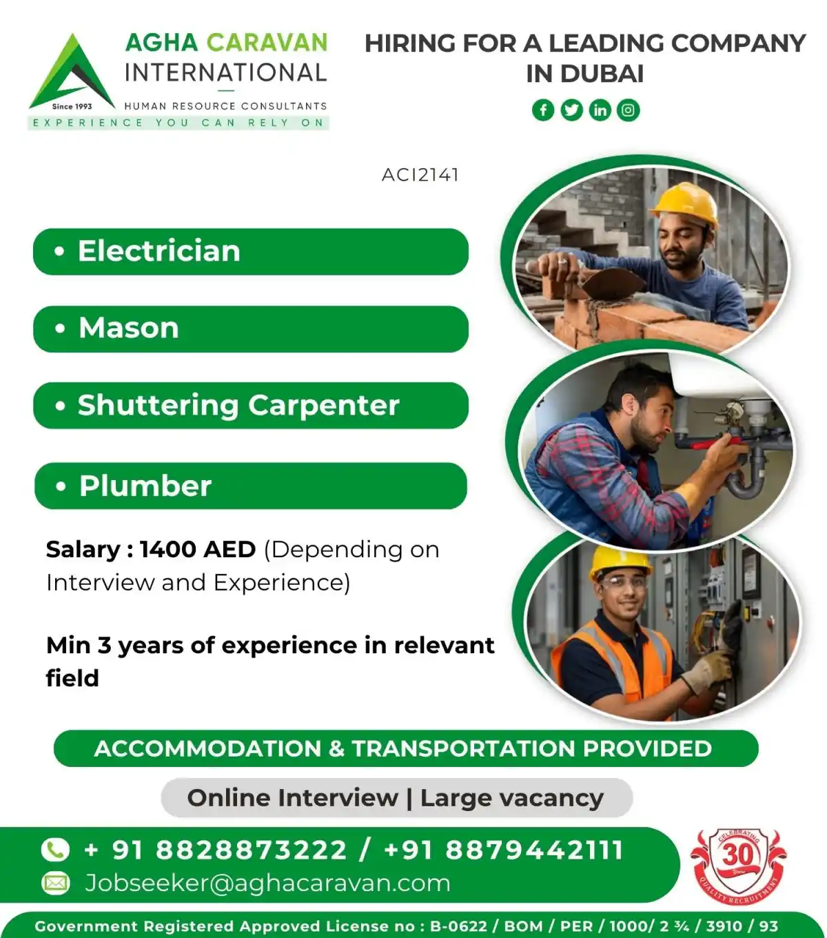 Dubai Construction Jobs – Electrician, Carpenter, Plumber
