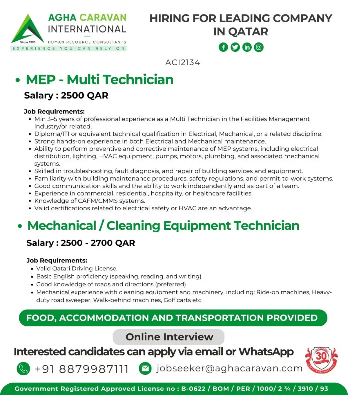 MEP & Cleaning Tech Jobs Qatar