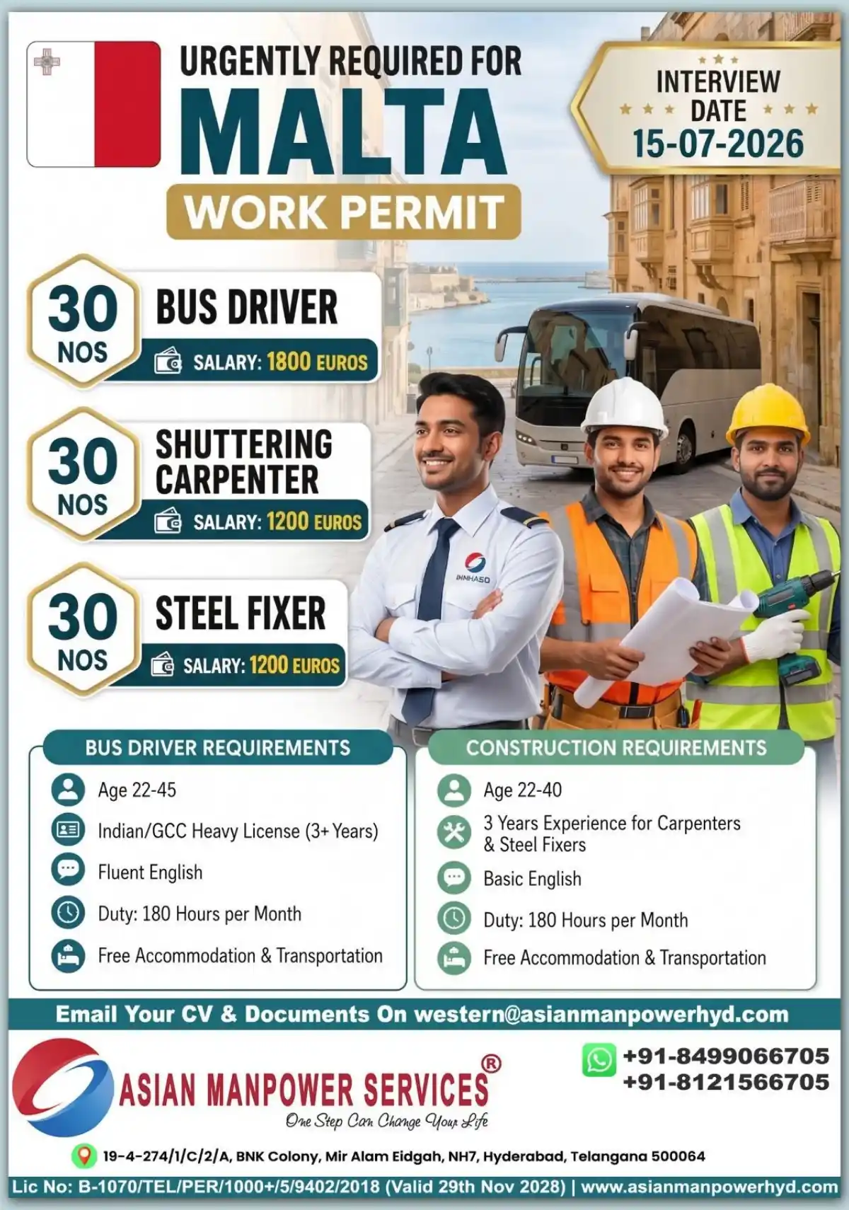 Malta Jobs – Bus Driver, Carpenter, Steel Fixer