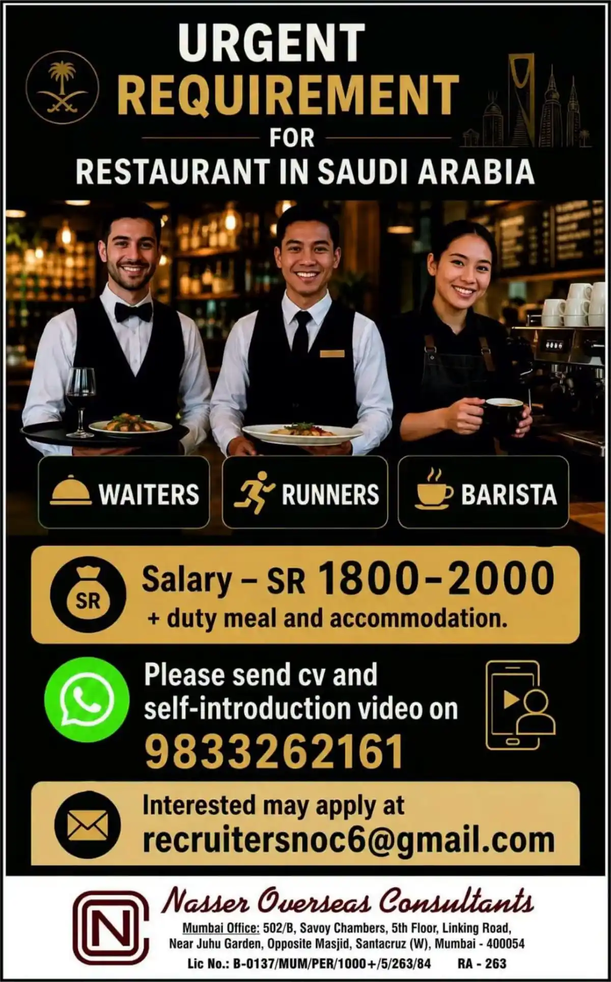 Saudi Restaurant Jobs – Waiters, Runners, Barista