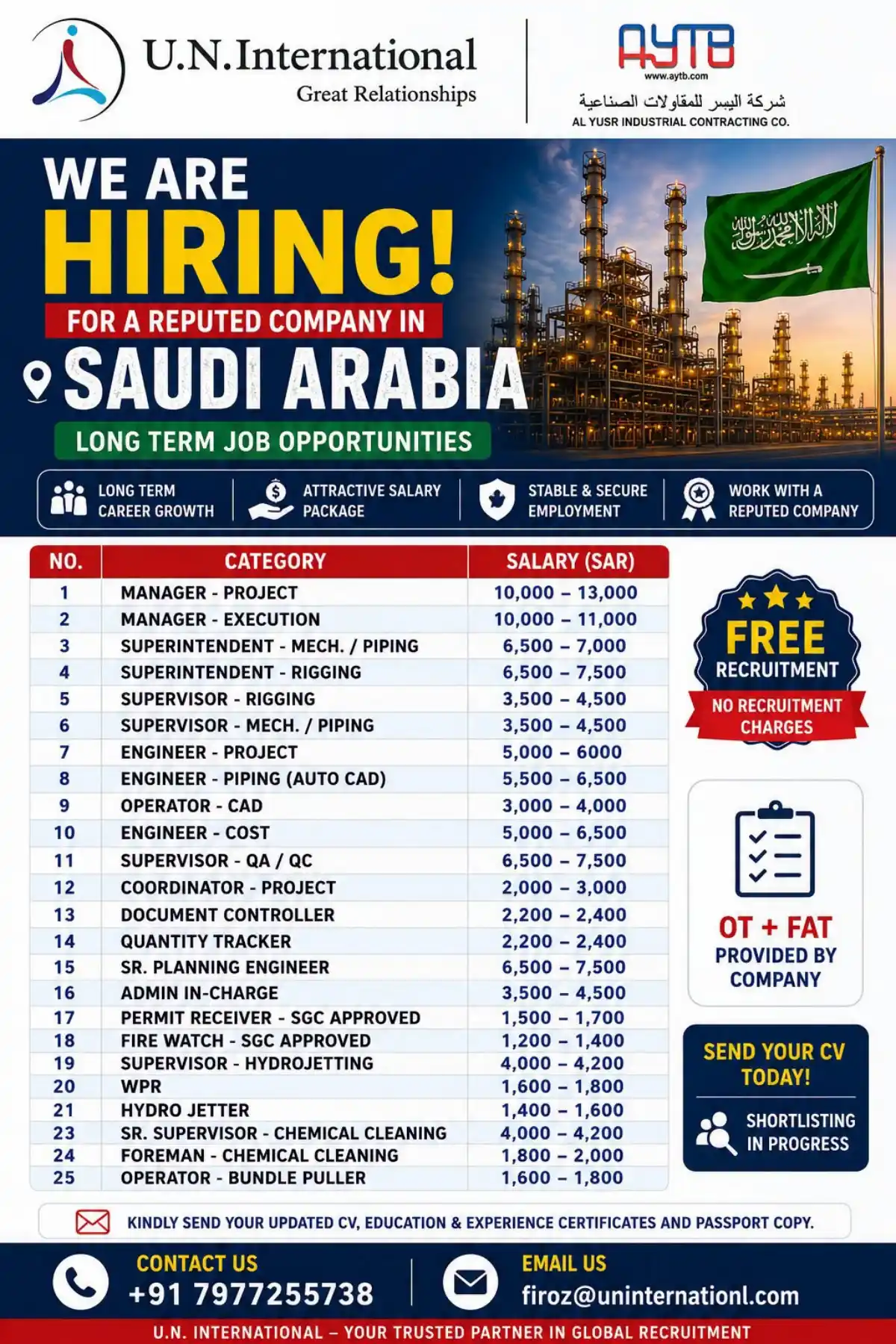 Saudi Arabia Jobs – Al Yusr Industrial Contracting