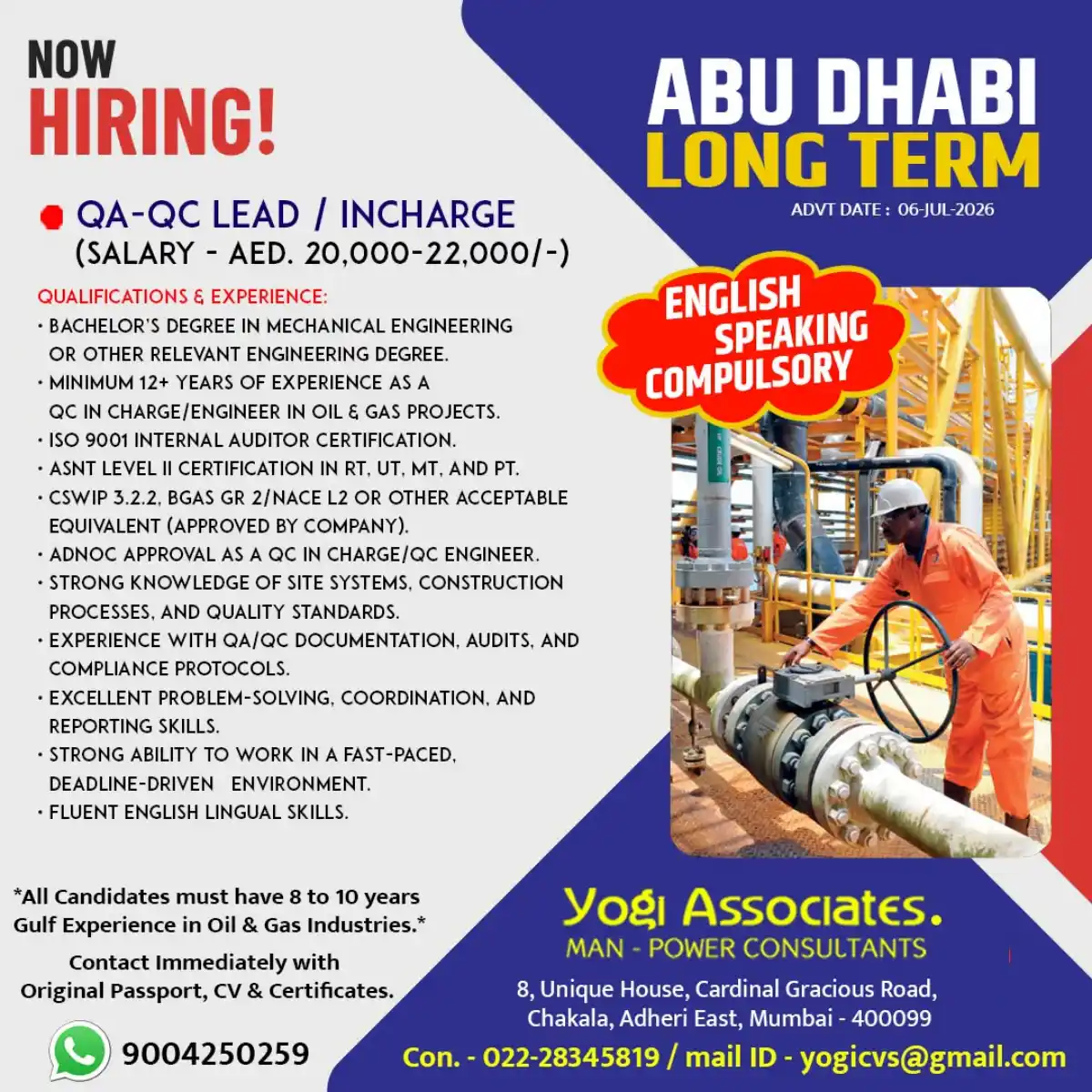 QA QC Lead Incharge Abu Dhabi