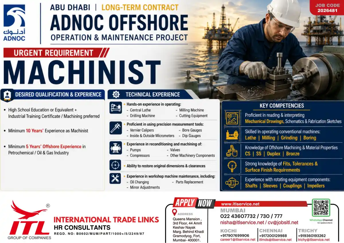 ADNOC Offshore Machinist Job – Abu Dhabi