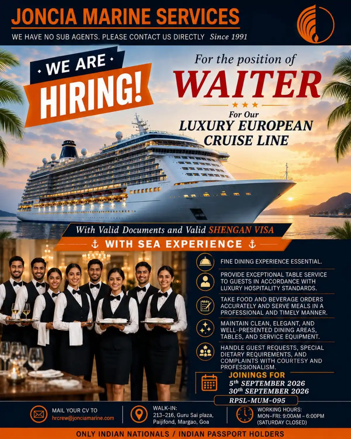 Cruise Waiter Hiring 2026
