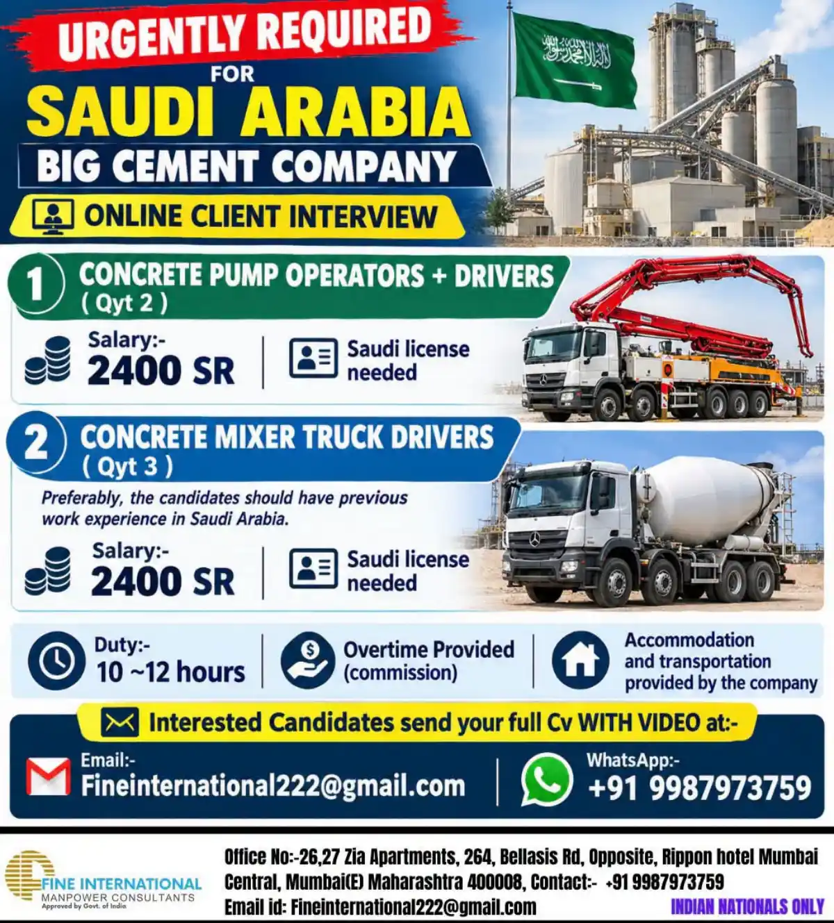 Concrete Pump & Mixer Truck Drivers – Saudi Arabia
