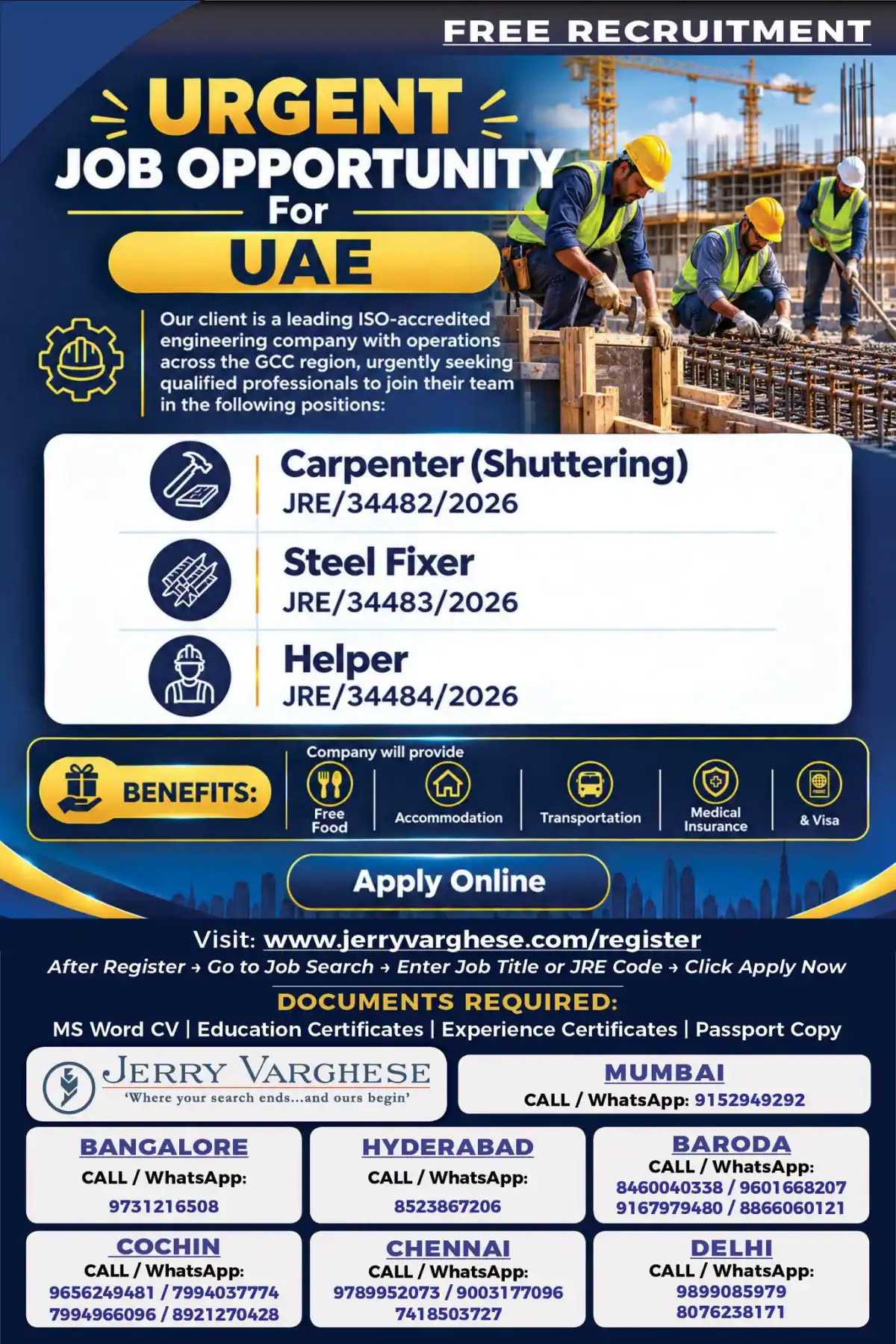 UAE Jobs: Carpenter, Steel Fixer & Helper