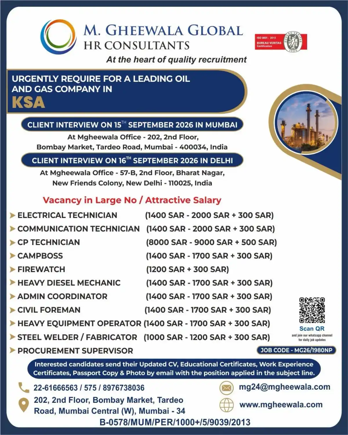 Oil & Gas Jobs in KSA – Mumbai & Delhi Interview