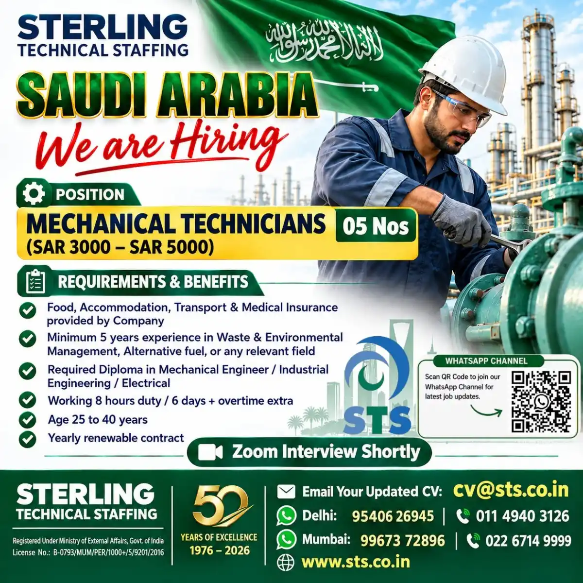 Mechanical Technicians – Saudi Arabia (05 Nos)