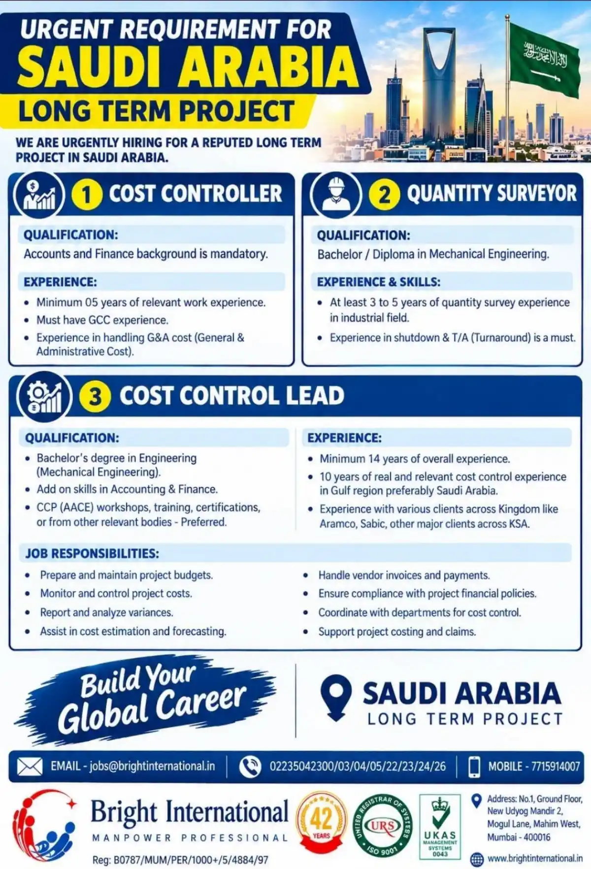 Saudi Arabia Long Term Project Jobs – Cost Controller, QS & Cost Control Lead