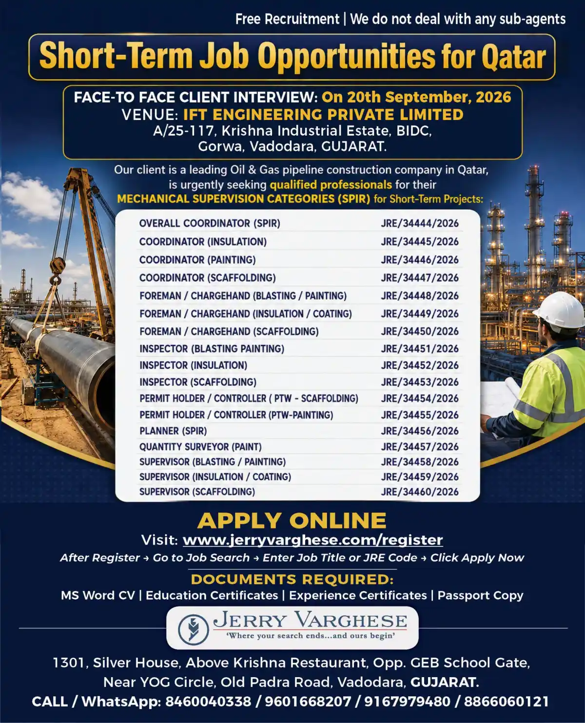 Qatar Oil & Gas Short-Term Jobs – Vadodara Interview