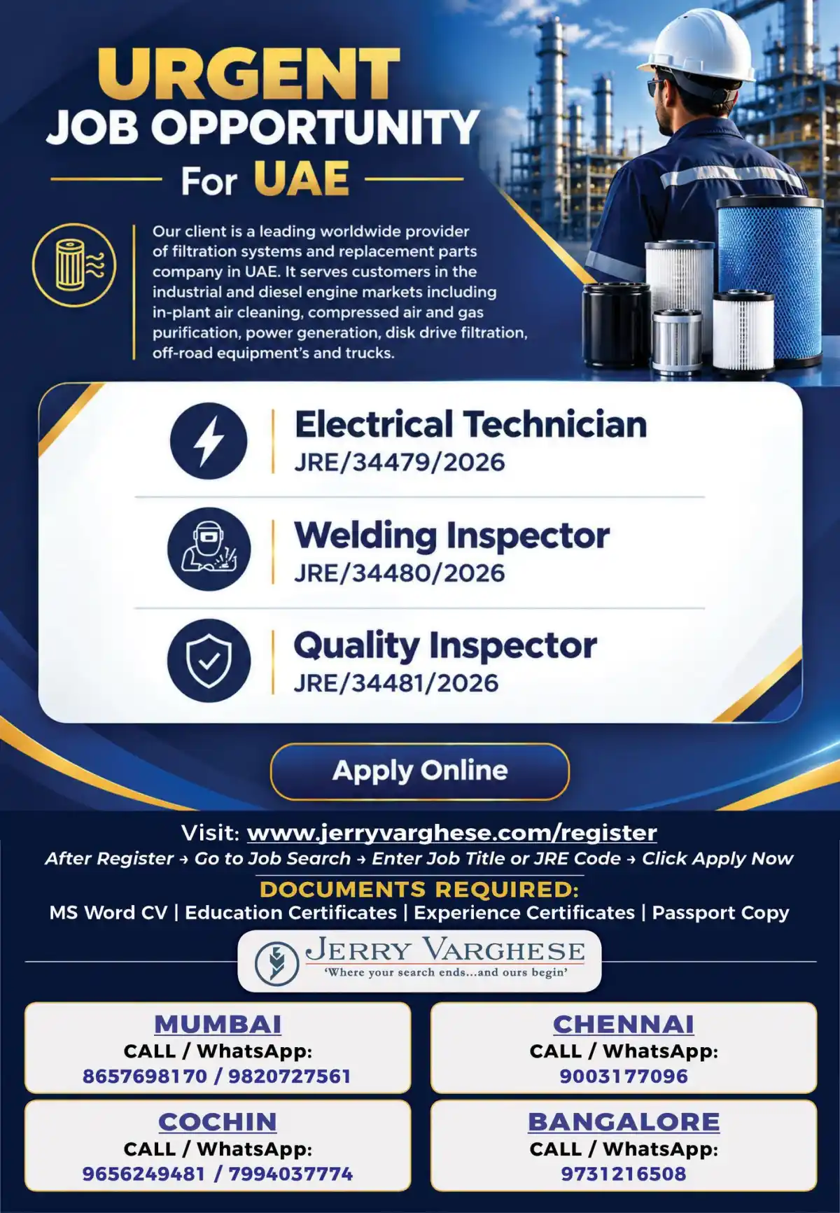 Urgent UAE Jobs – Electrical Technician, Welding Inspector, Quality Inspector