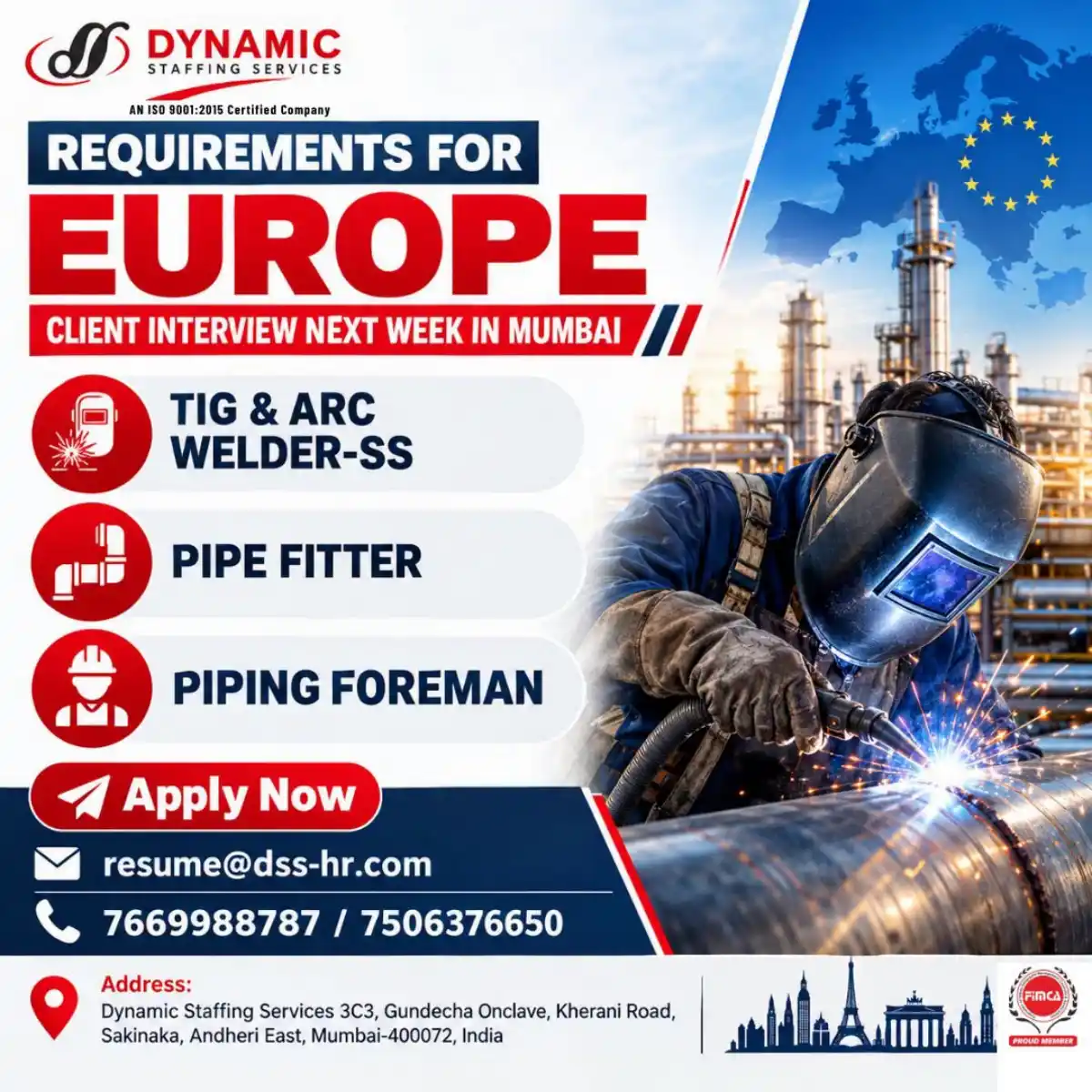 Europe Jobs: Welder, Pipe Fitter, Piping Foreman