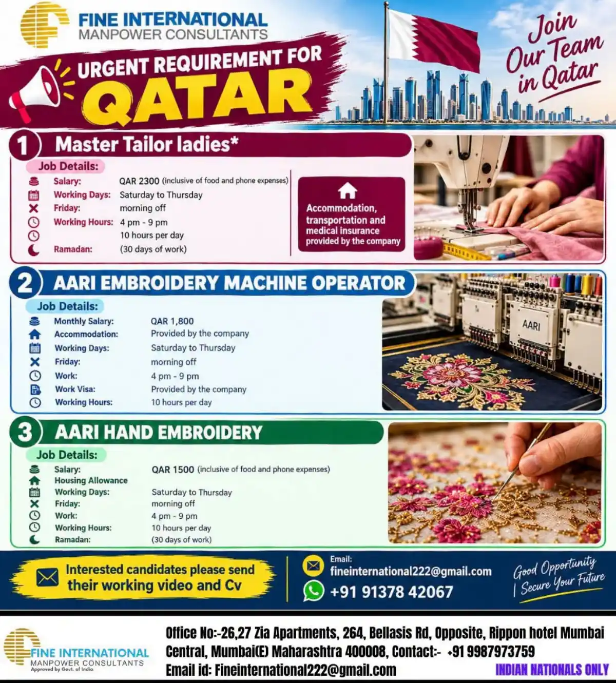 Urgent Qatar Jobs – Tailors & Aari Embroidery