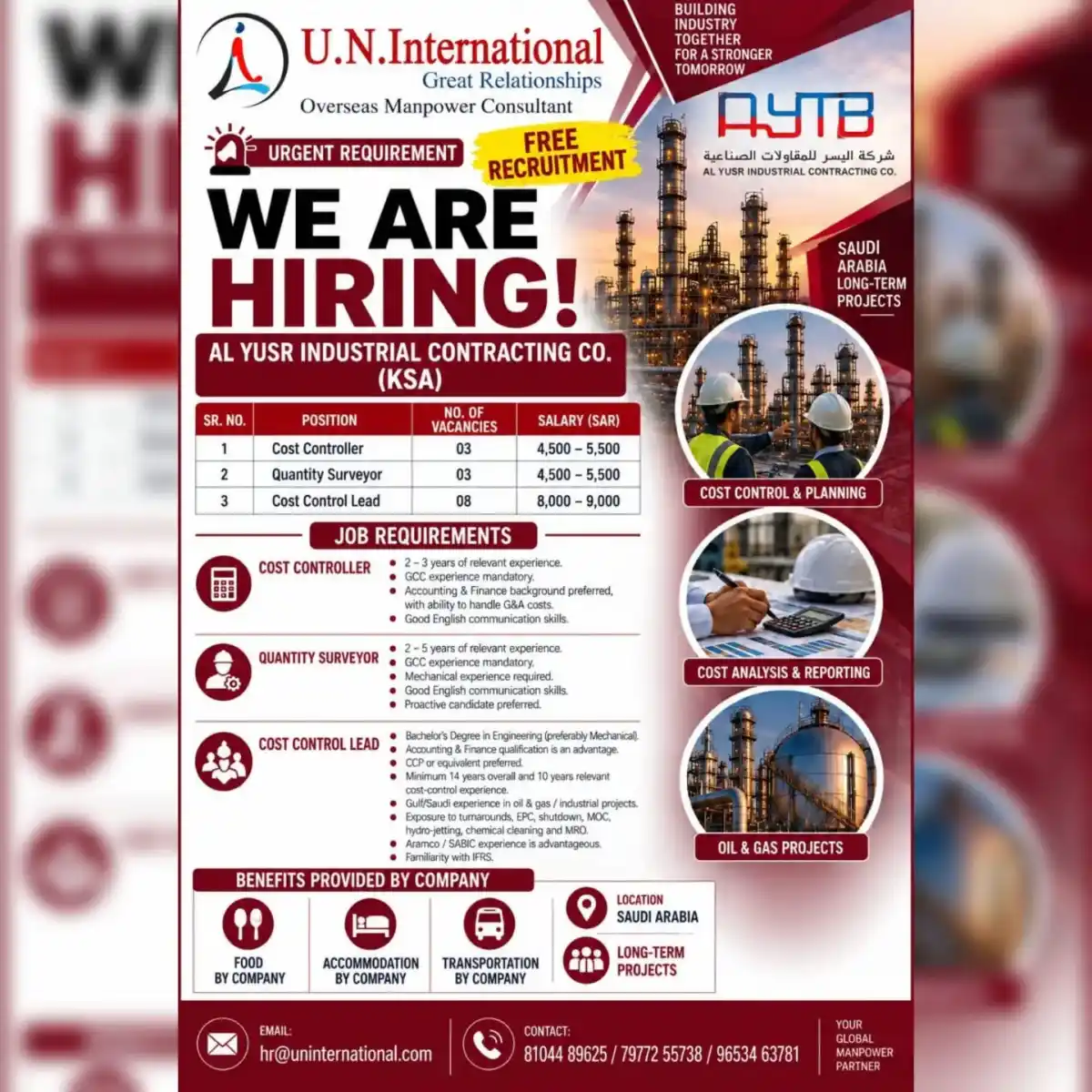 AL YUSR Industrial Contracting Jobs in KSA