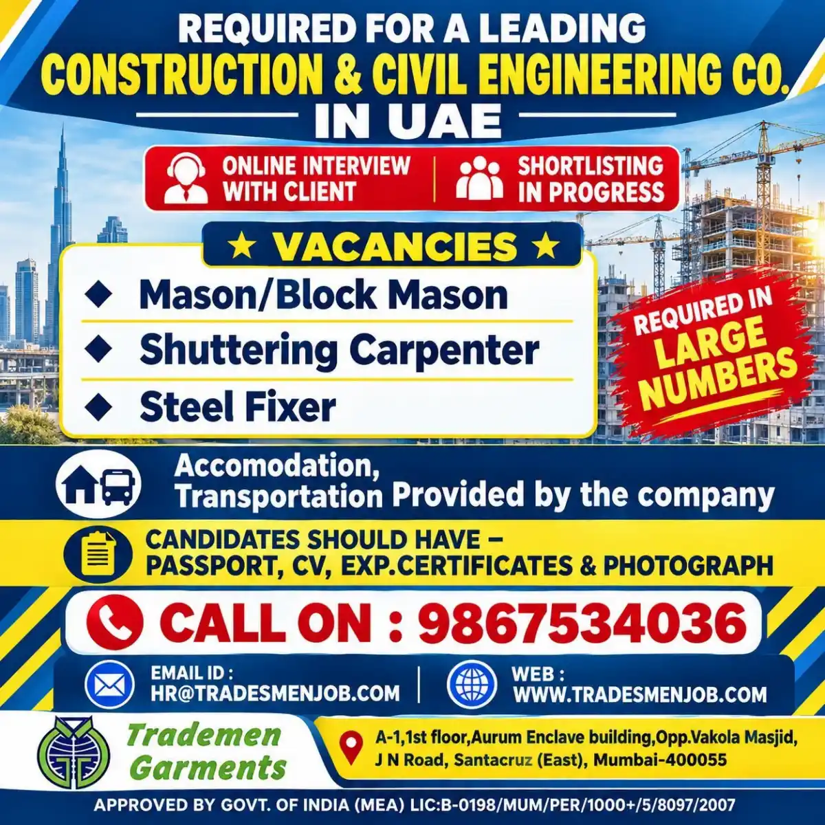 UAE Construction Jobs: Mason, Shuttering Carpenter & Steel Fixer