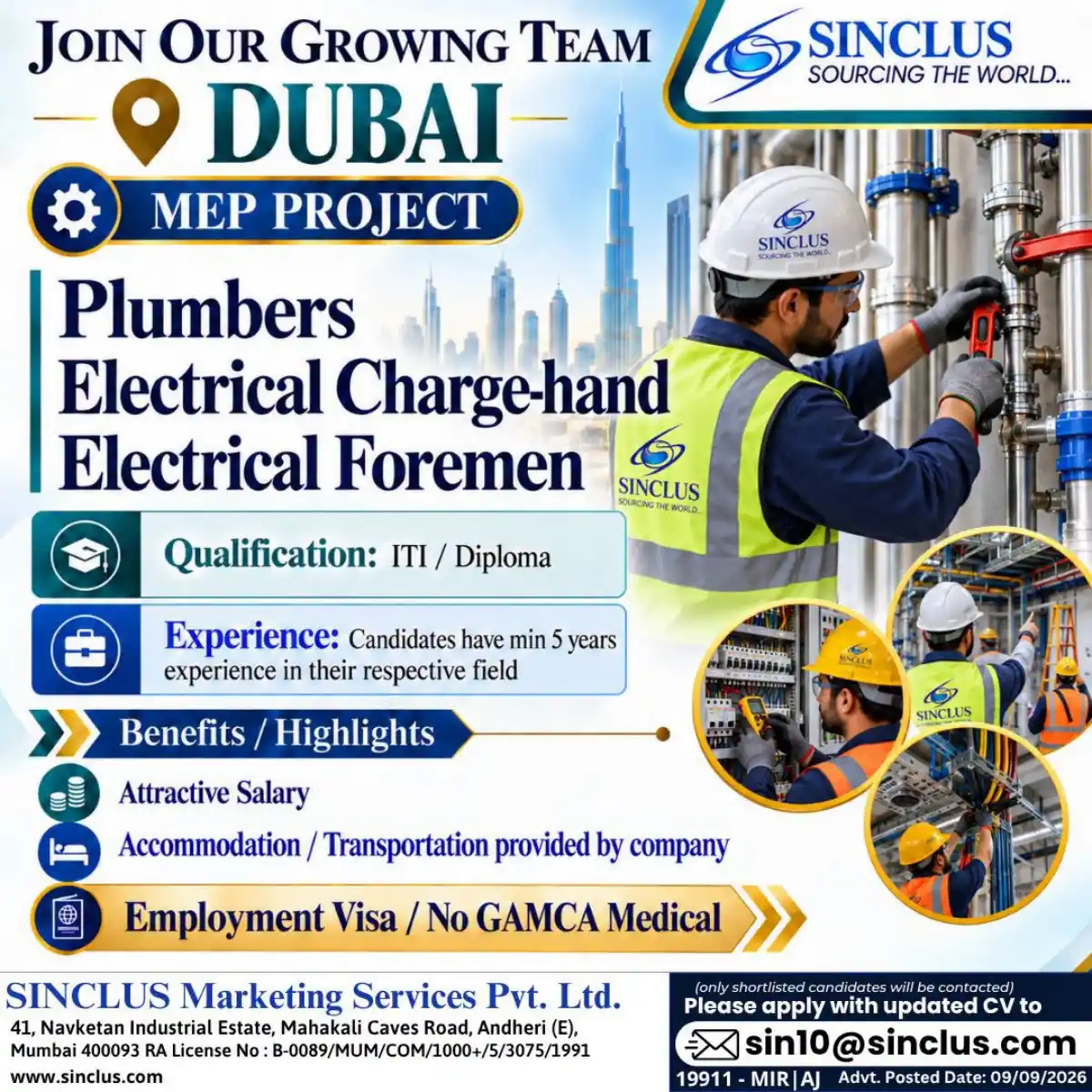 Dubai MEP Jobs – Plumbers & Electrical Foremen