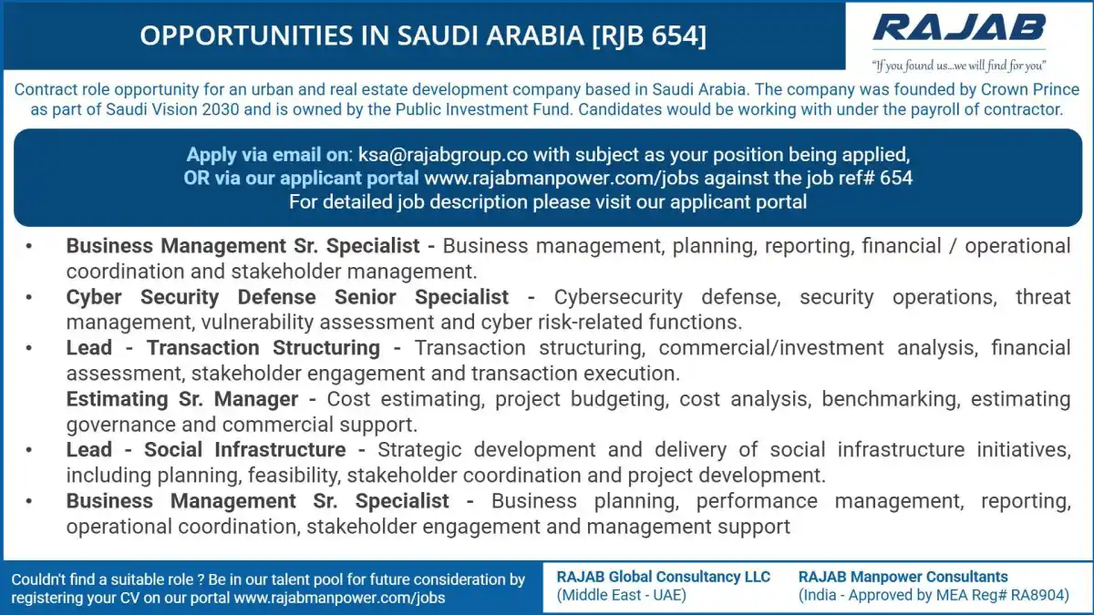 Saudi Arabia Jobs Ref 654 – Rajab