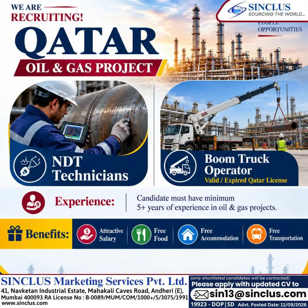 Qatar Oil & Gas Jobs – NDT & Boom Truck Operator