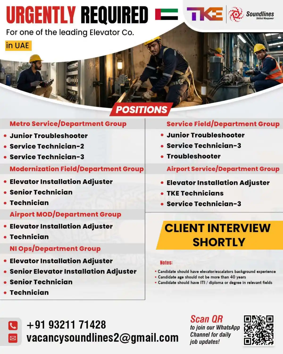 Urgently Required TKE Elevator Technicians in UAE