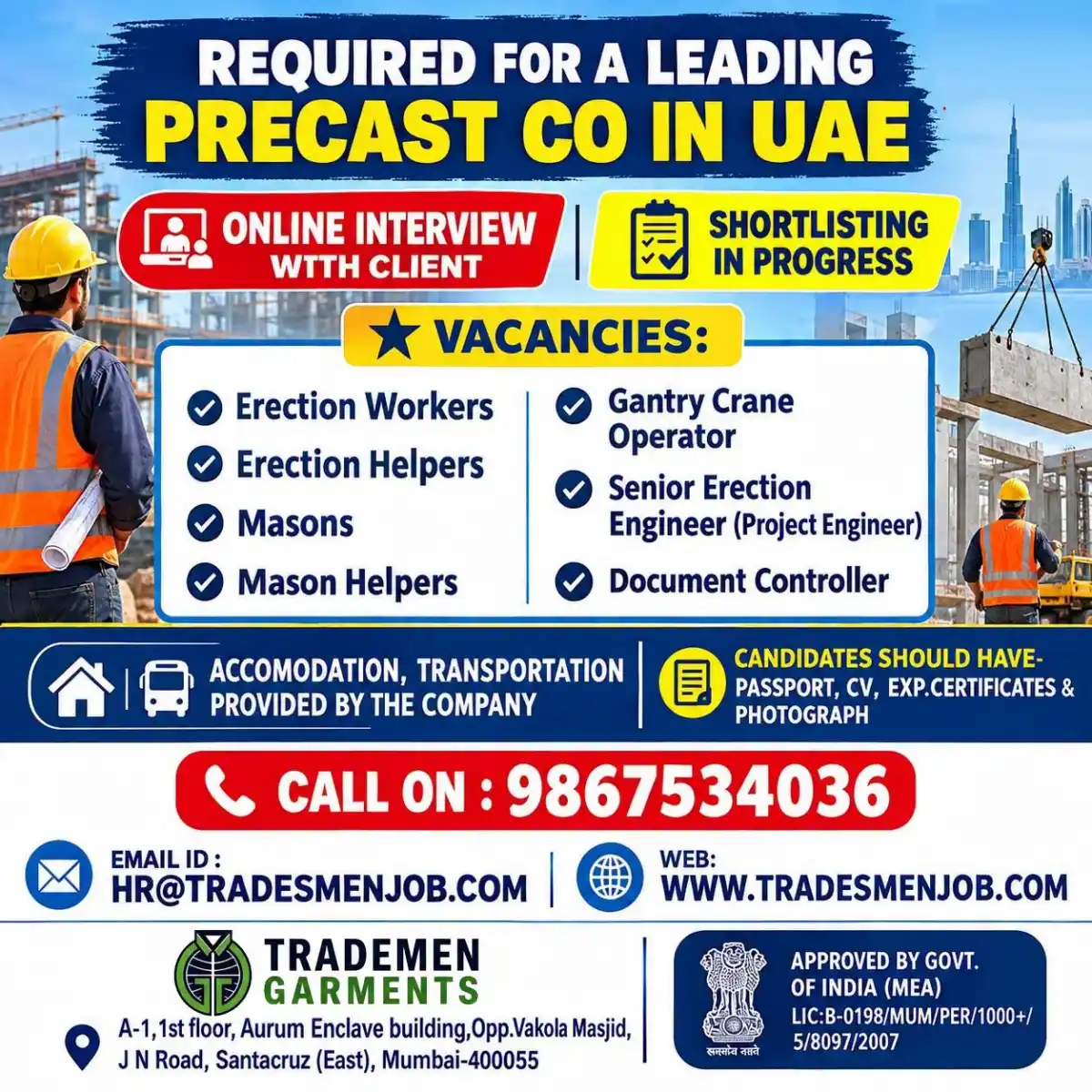UAE Precast Company Jobs – Online Interview