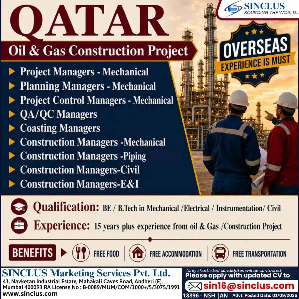 Qatar Oil & Gas Construction Project Jobs