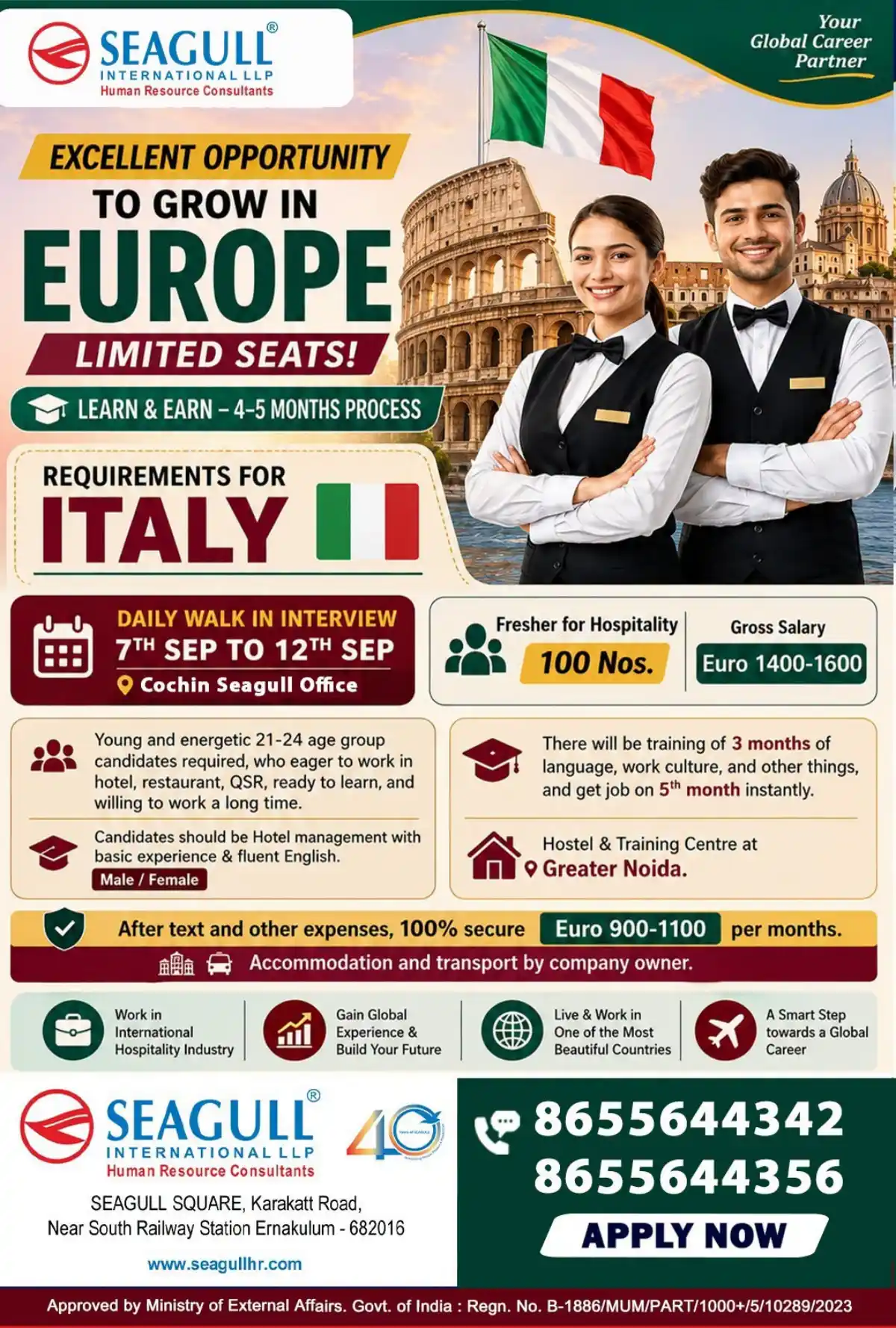 Italy Job Walk-in Interview in Cochin (7-12 Sep)