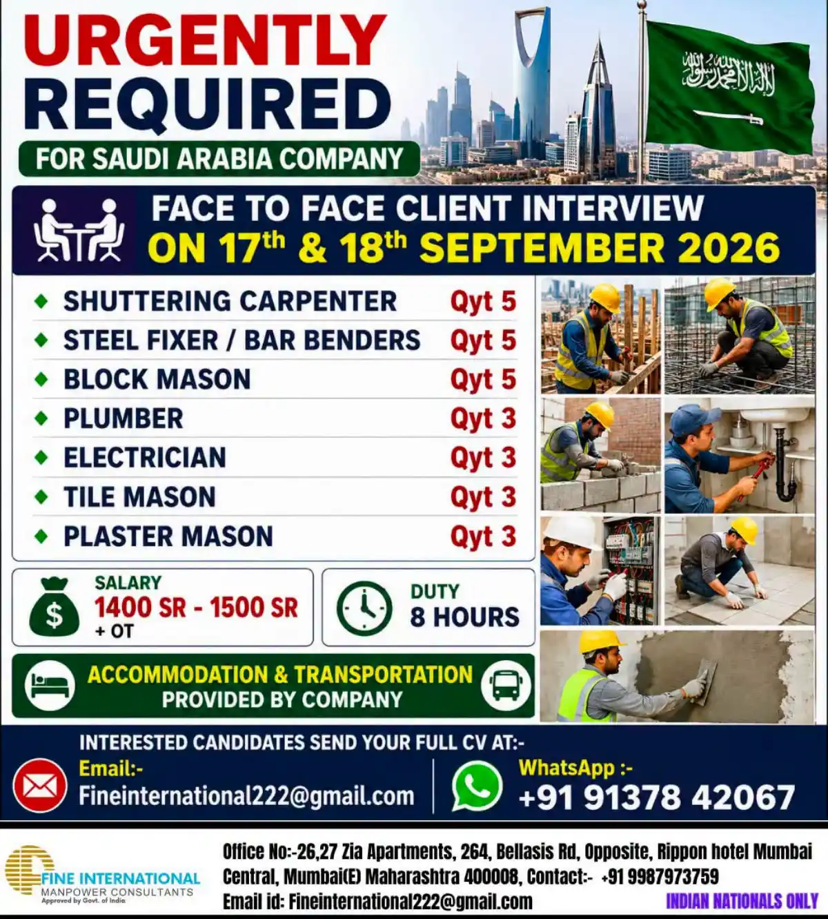 Saudi Arabia Construction Jobs 2026 – Urgent Client Interview